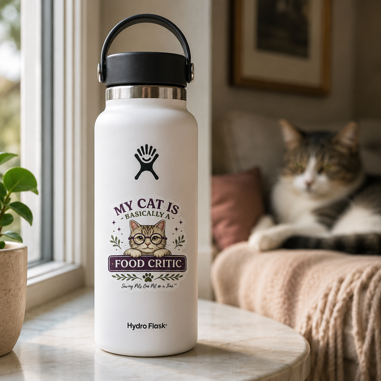 My Cat Is Basically a Food Critic Sticker | Waterproof Die-Cut Vinyl | Funny Cat Mom Decal